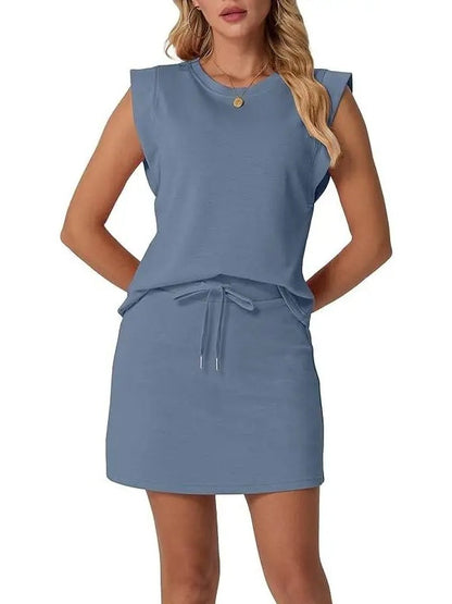 2026 Women's Summer 2 Piece Skort Set Cap Sleeve Round Neck Top