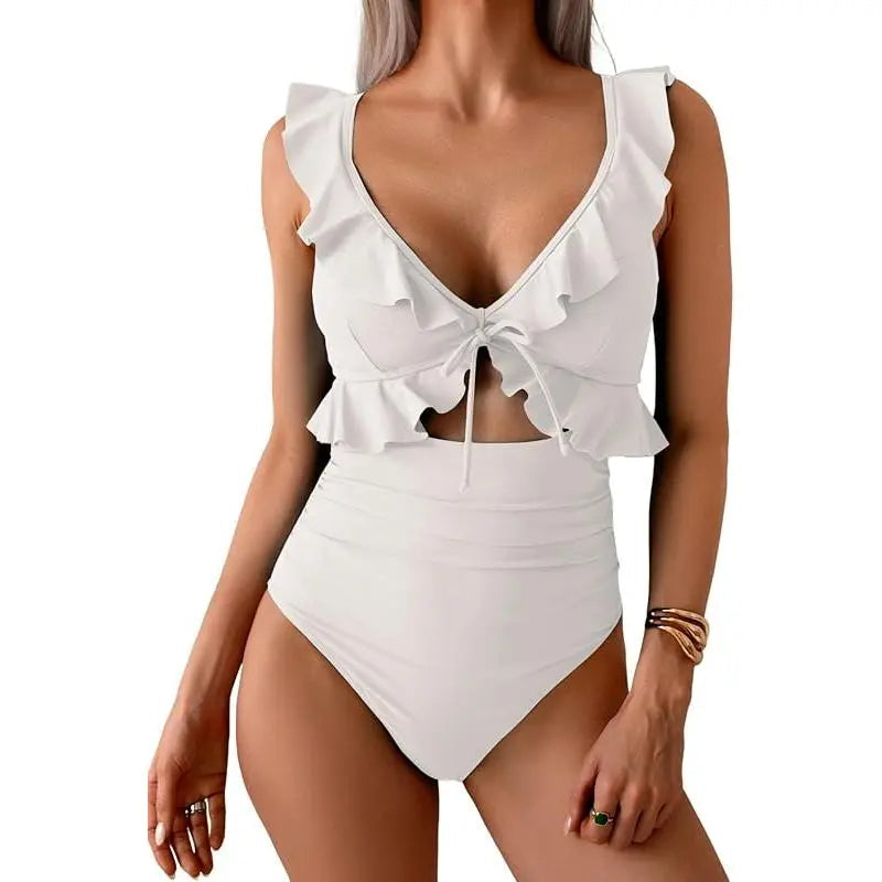 Limited time sale🔥Women Tummy Control Ruffle Bathing Suit V Neck Ruched Swim Suit