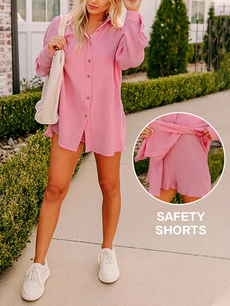 Limited time sale🔥Women's Gauze Button Long-Sleeved and Shorts Set