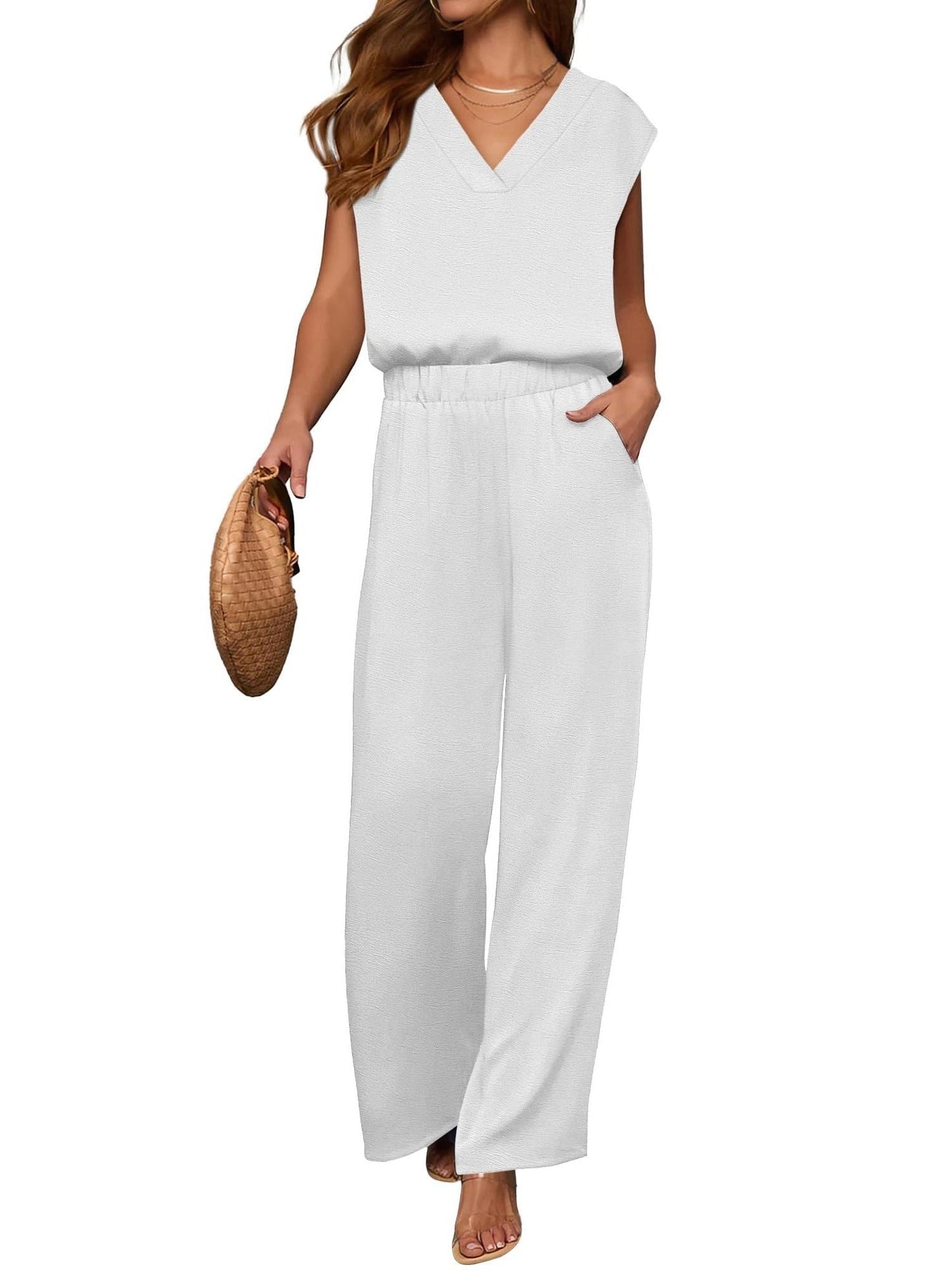 2 Piece Sets for Women Lounge Outfits Summer V Neck Cap Sleeve Top Wide Leg Pants