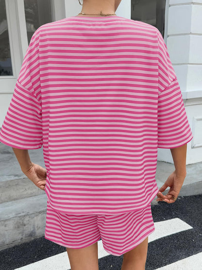 Limited time sale🔥Womens Striped 3/4 Sleeve Oversized Tops High Waisted Shorts Sets