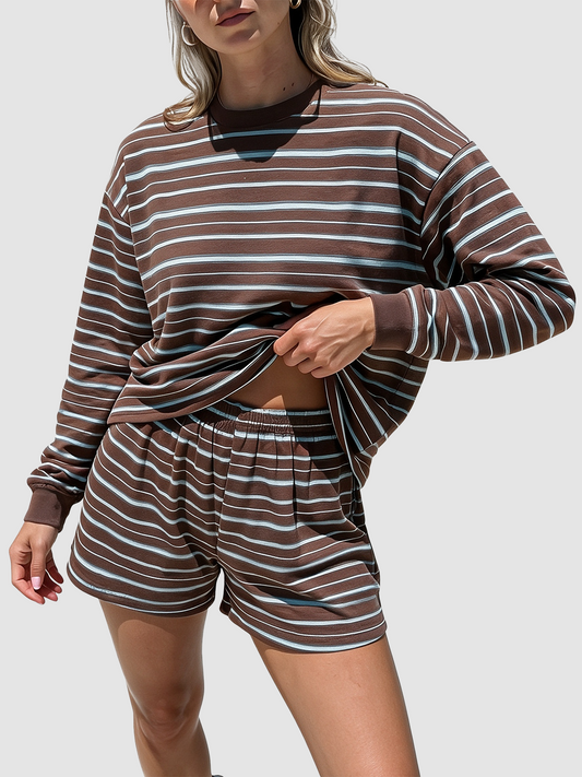 Women Casual Horizontal Stripe Crew Neck Elastic Waist Shorts Or Long Pants Loungewear Set