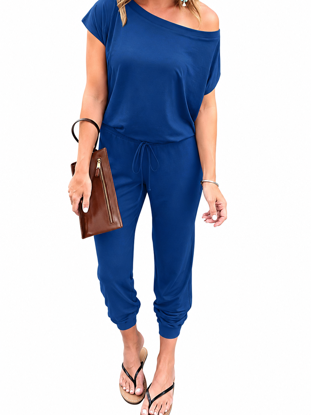 Women Dual Wear Off Shoulder Elastic Waist Solid Long Pants Jumpsuit