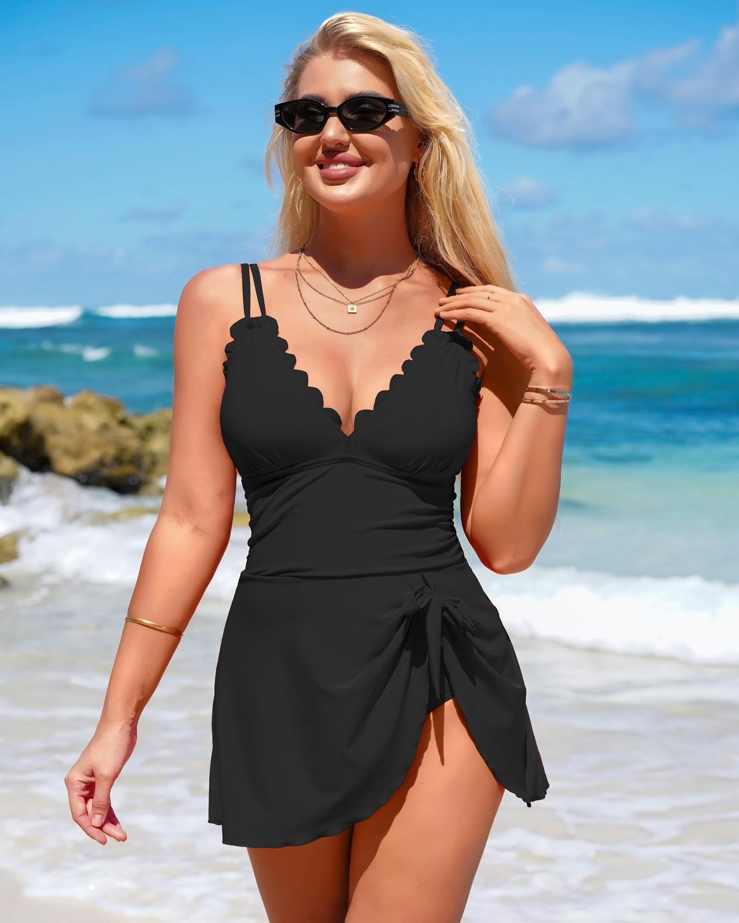 Womens Tummy Control Scalloped Modest Tie Knot One Piece Swimsuit