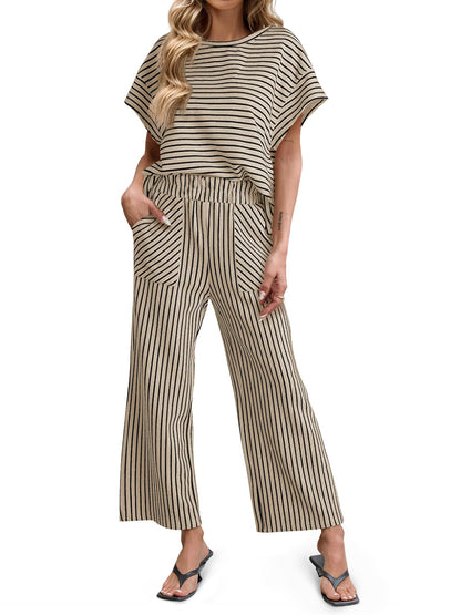 Limited time sale🔥Womens Striped 2 Piece Sets Short Sleeve T Shirts Wide Leg Pants with Pockets