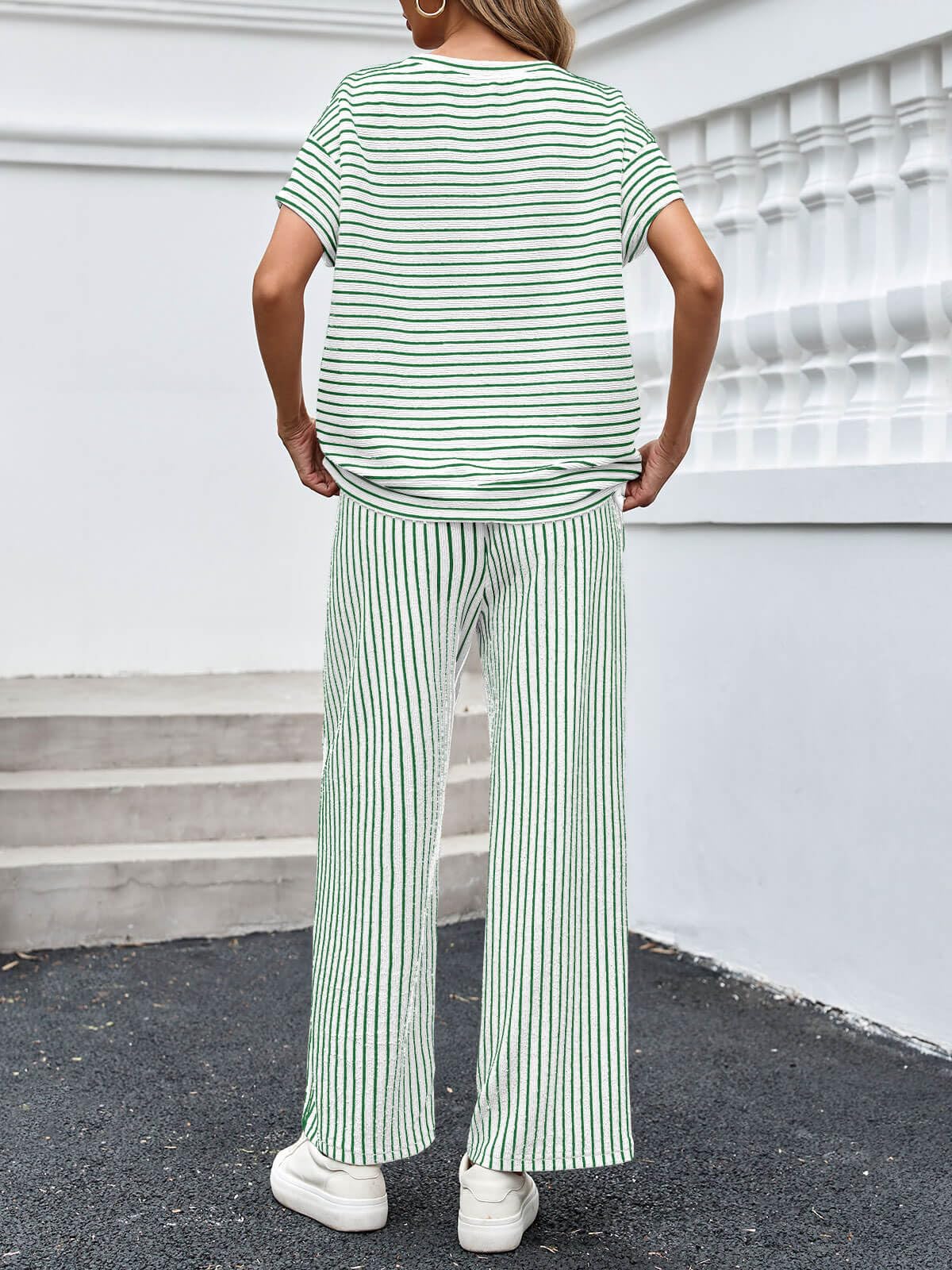 Limited time sale🔥Womens Striped 2 Piece Sets Short Sleeve T Shirts Wide Leg Pants with Pockets