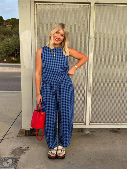 Limited time sale🔥Women's Gingham Sleeveless Tank Top & Barrel Pants Set