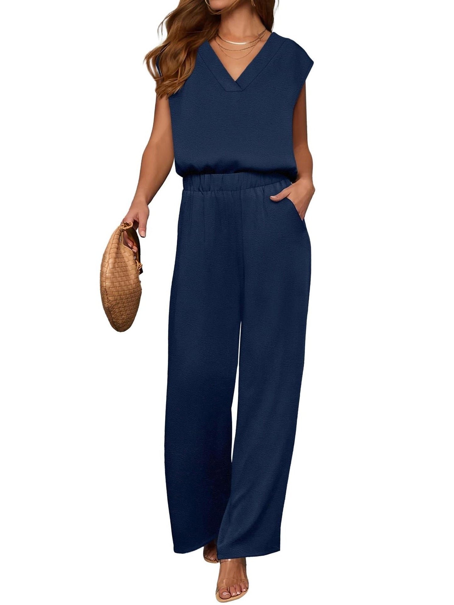 2 Piece Sets for Women Lounge Outfits Summer V Neck Cap Sleeve Top Wide Leg Pants