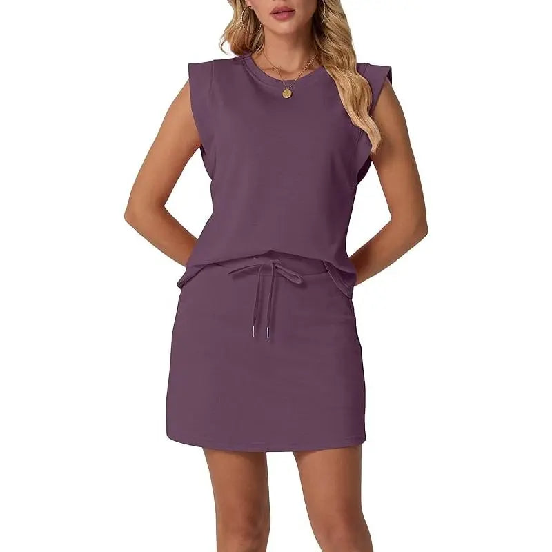 Women's Summer 2 Piece Skort Set Cap Sleeve Round Neck Top