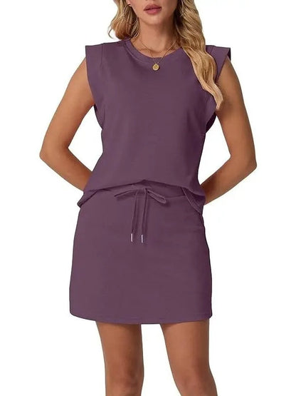 2026 Women's Summer 2 Piece Skort Set Cap Sleeve Round Neck Top
