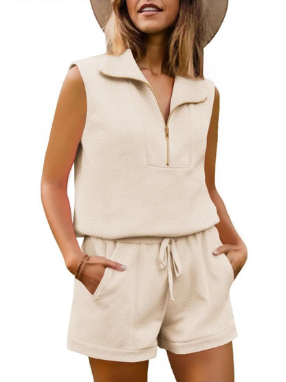 Limited time sale🔥Womens 2 Piece Outfits Short Sets Half Zip Sleeveless Tops and Drawstring Shorts