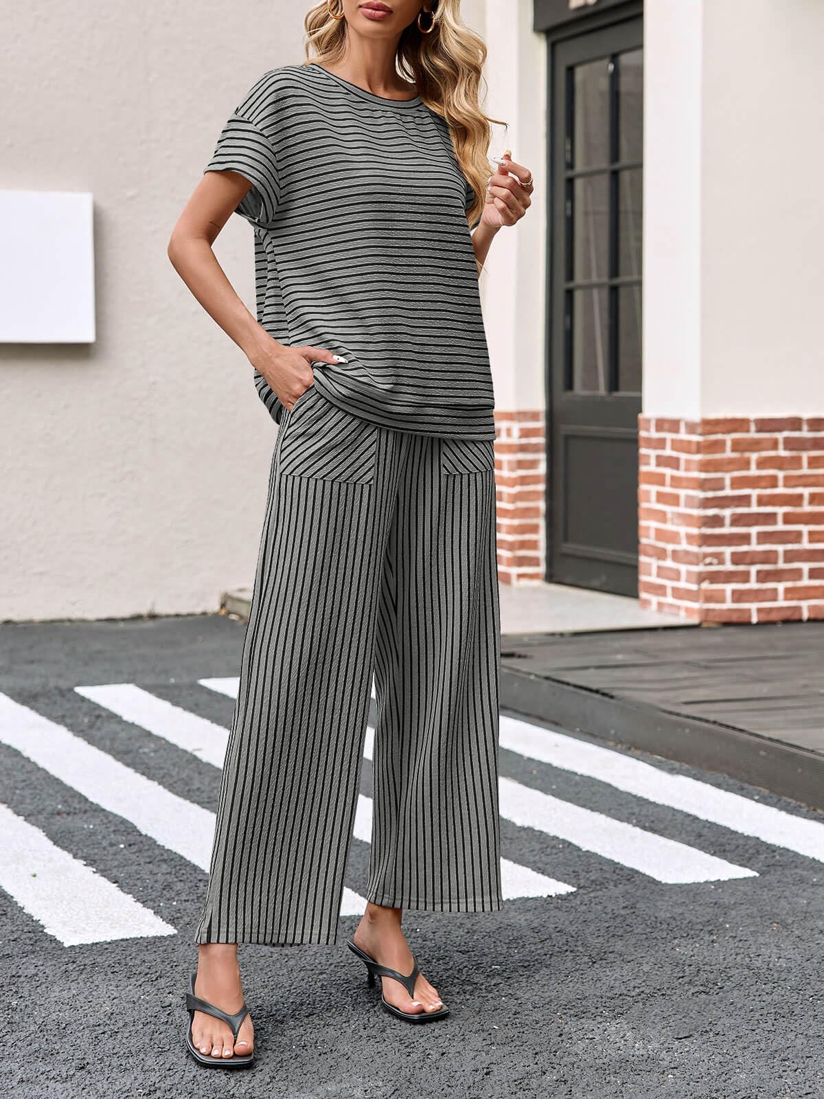Limited time sale🔥Womens Striped 2 Piece Sets Short Sleeve T Shirts Wide Leg Pants with Pockets