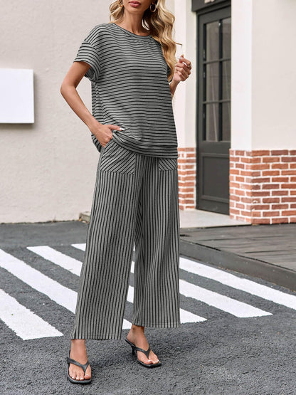 Limited time sale🔥Womens Striped 2 Piece Sets Short Sleeve T Shirts Wide Leg Pants with Pockets