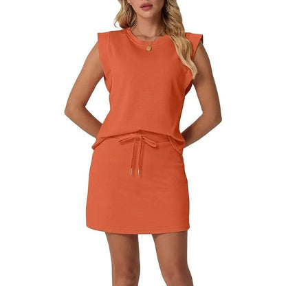 Women's Summer 2 Piece Skort Set Cap Sleeve Round Neck Top
