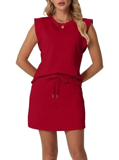 2026 Women's Summer 2 Piece Skort Set Cap Sleeve Round Neck Top