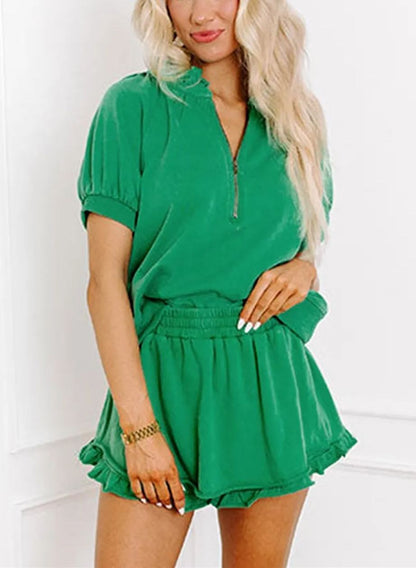 ✨Women's Casual Puff Sleeve Top and Ruffle Shorts Set