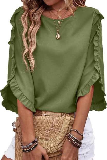 Limited time sale🔥Women's 3/4 Length Sleeve Blouses Crewneck Ruffle Sleeve Shirts