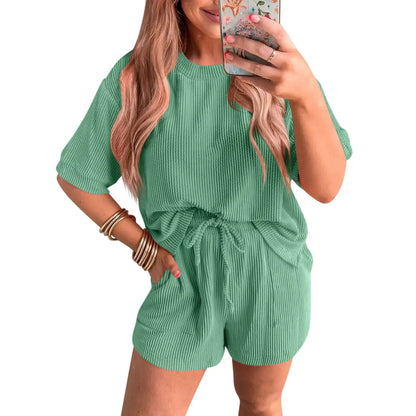 Women's Ribbed Crew Neck Short-Sleeve Top and Shorts Two-Piece Set
