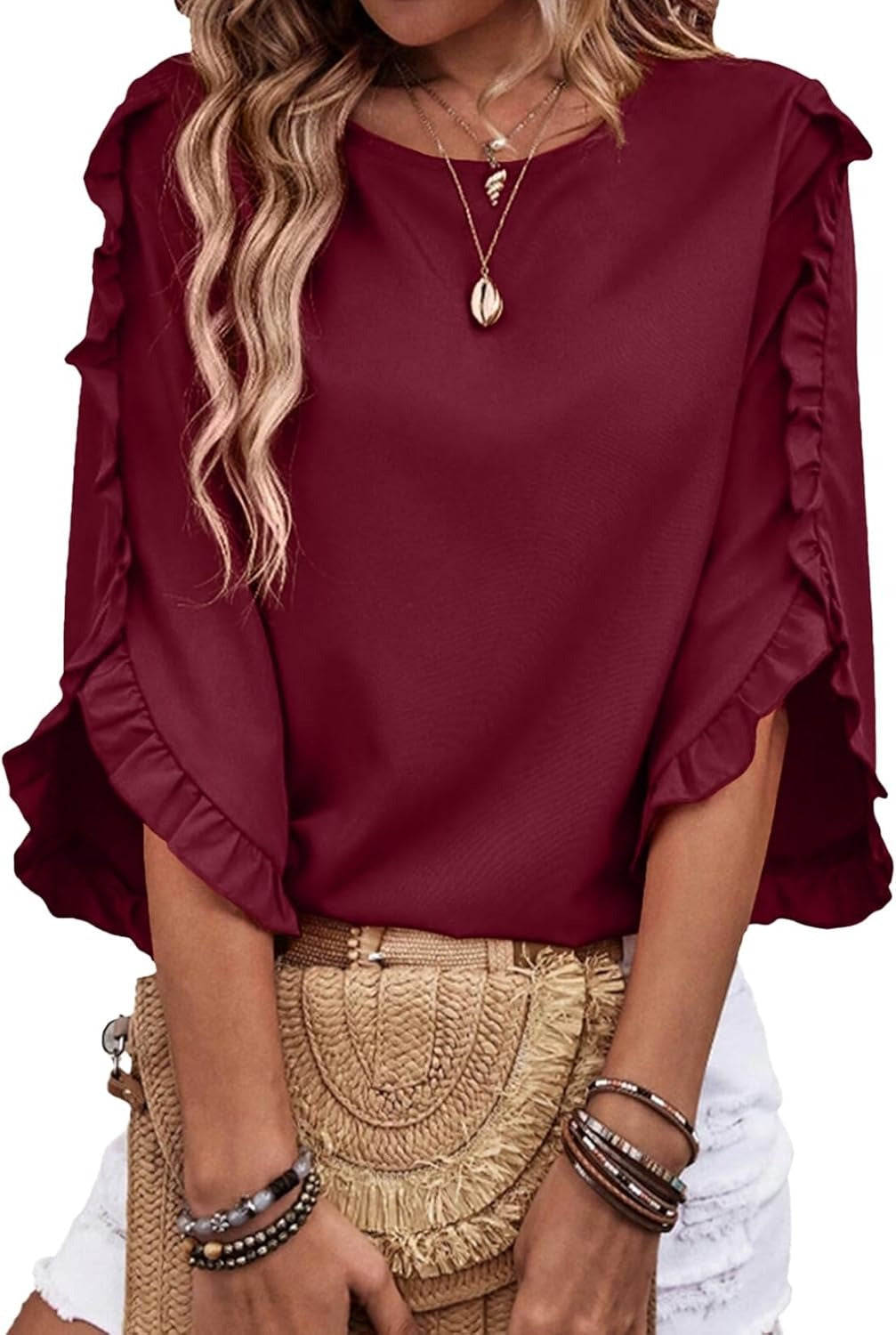 Limited time sale🔥Women's 3/4 Length Sleeve Blouses Crewneck Ruffle Sleeve Shirts
