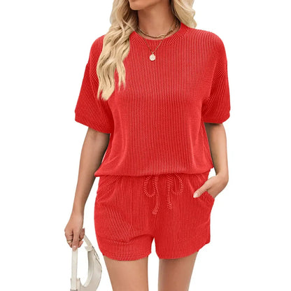 Women's Ribbed Crew Neck Short-Sleeve Top and Shorts Two-Piece Set