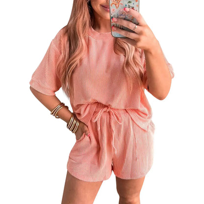 Women's Ribbed Crew Neck Short-Sleeve Top and Shorts Two-Piece Set