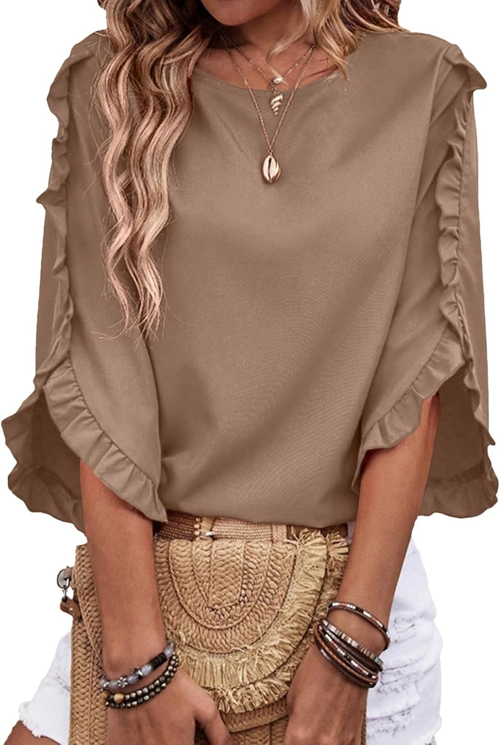 Women's 3/4 Length Sleeve Blouses Crewneck Ruffle Sleeve Shirts