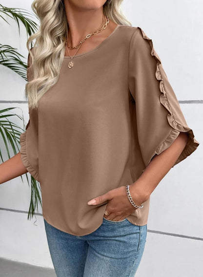 Limited time sale🔥Women's 3/4 Length Sleeve Blouses Crewneck Ruffle Sleeve Shirts