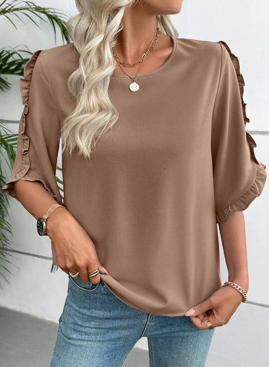 Limited time sale🔥Women's 3/4 Length Sleeve Blouses Crewneck Ruffle Sleeve Shirts