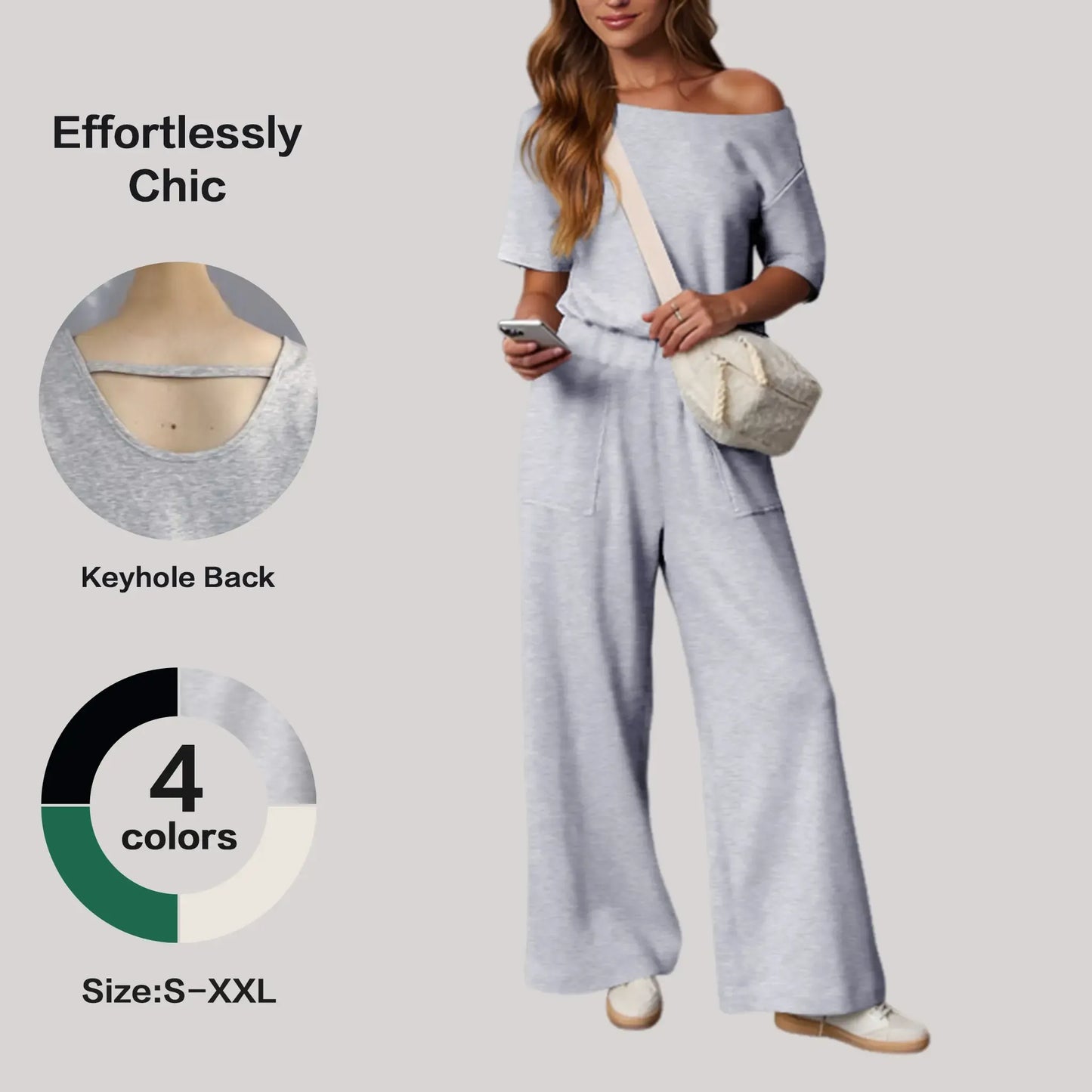 ⏰Hot Sale-Women's Short Sleeve Back Cutout Casual Wide Leg Loose Fit One-Piece Jumpsuit