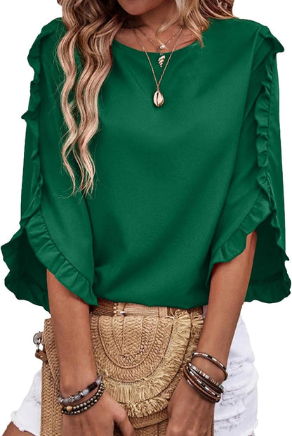 Limited time sale🔥Women's 3/4 Length Sleeve Blouses Crewneck Ruffle Sleeve Shirts