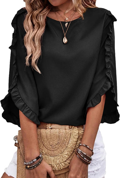 Limited time sale🔥Women's 3/4 Length Sleeve Blouses Crewneck Ruffle Sleeve Shirts
