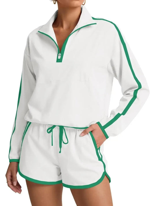 ⏰Hot Sale-Women's Half-Zip Long Sleeve Top & Shorts Casual Two-Piece Set