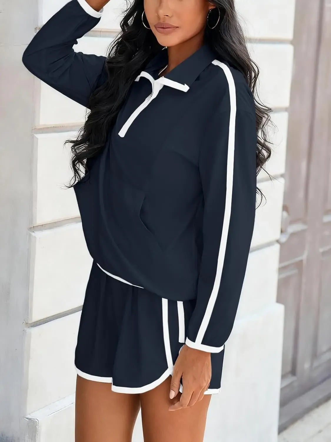 ⏰Hot Sale-Women's Half-Zip Long Sleeve Top & Shorts Casual Two-Piece Set