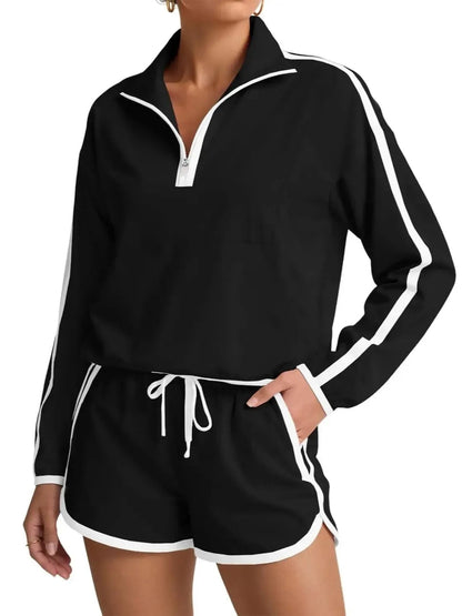 ⏰Hot Sale-Women's Half-Zip Long Sleeve Top & Shorts Casual Two-Piece Set