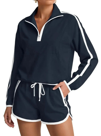 ⏰Hot Sale-Women's Half-Zip Long Sleeve Top & Shorts Casual Two-Piece Set