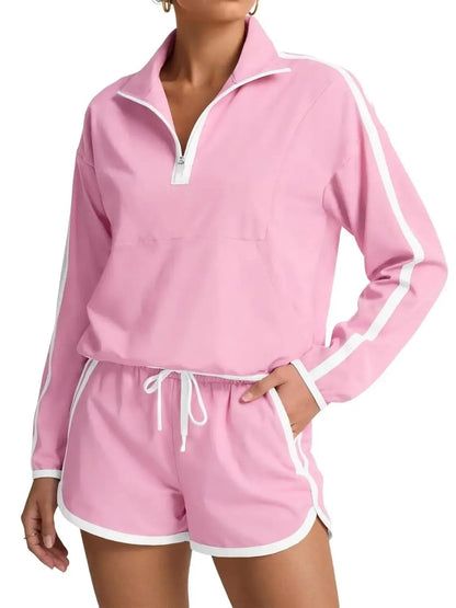 ⏰Hot Sale-Women's Half-Zip Long Sleeve Top & Shorts Casual Two-Piece Set