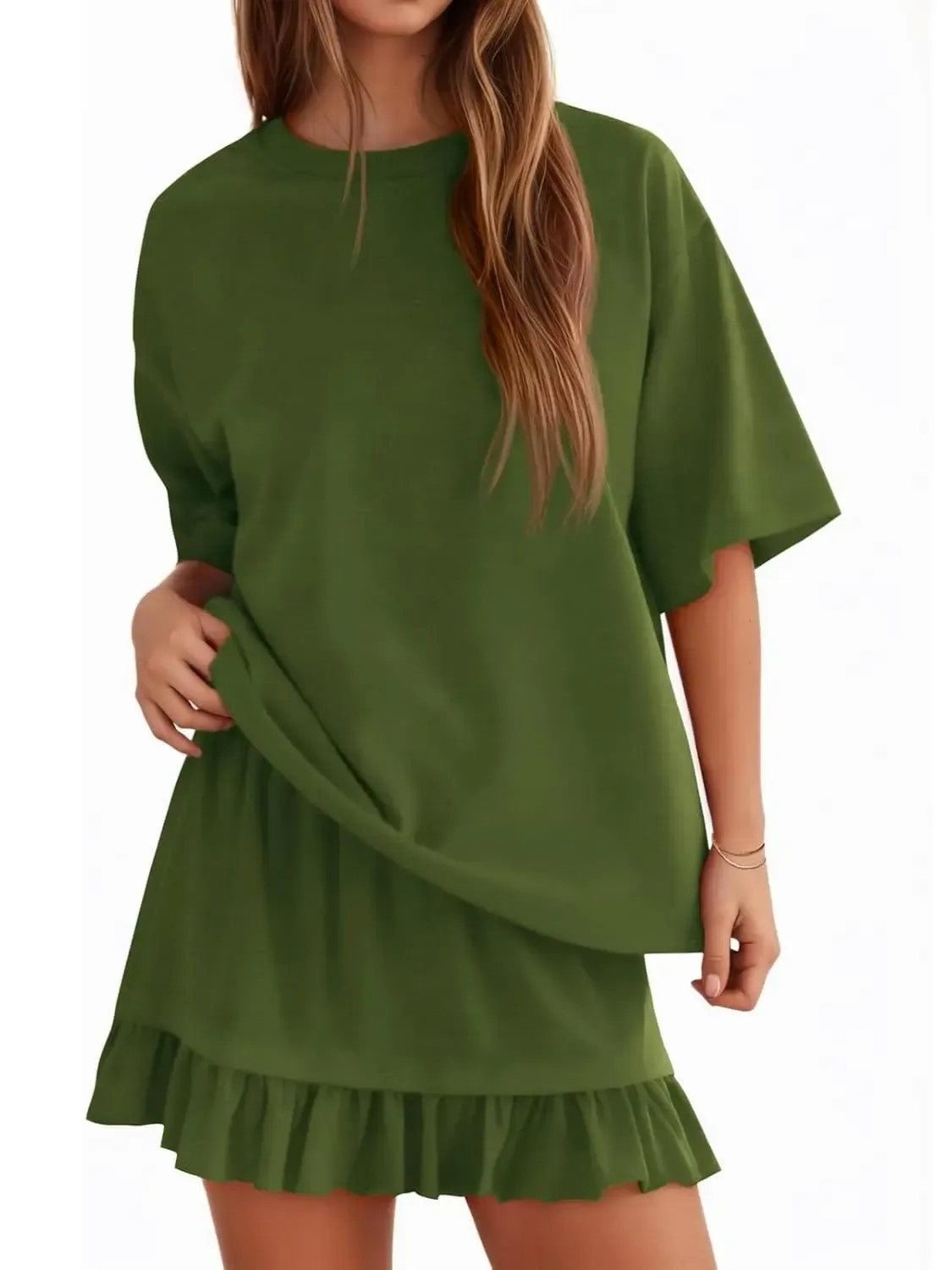 Women Solid 2 Piece Short Sleeve Top & Mini Skirt Set