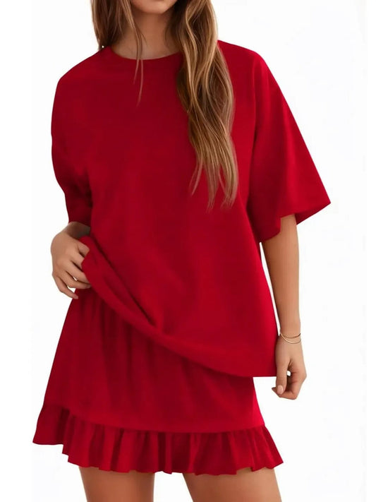Summer Relaxed Fit Ruffle Hem Short Two Piece Outfit Set