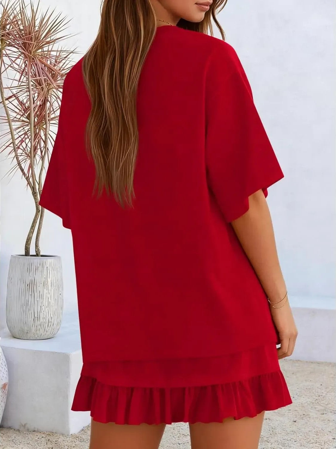 Summer Relaxed Fit Ruffle Hem Short Two Piece Outfit Set