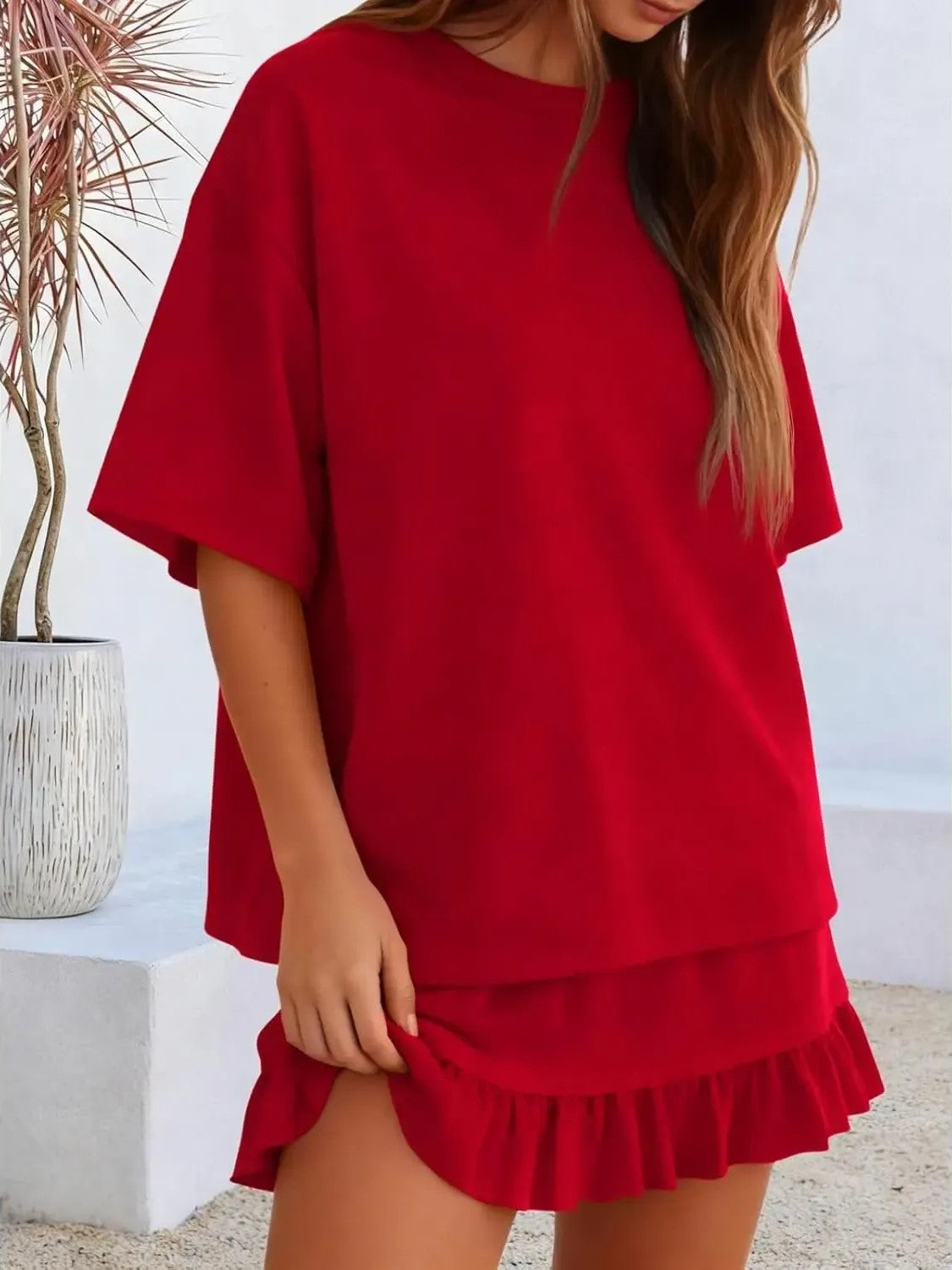 Summer Relaxed Fit Ruffle Hem Short Two Piece Outfit Set