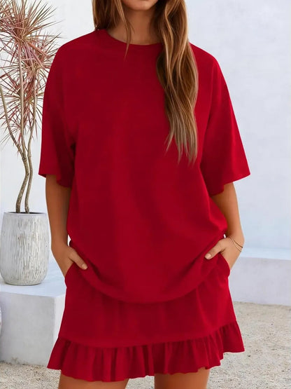 Summer Relaxed Fit Ruffle Hem Short Two Piece Outfit Set