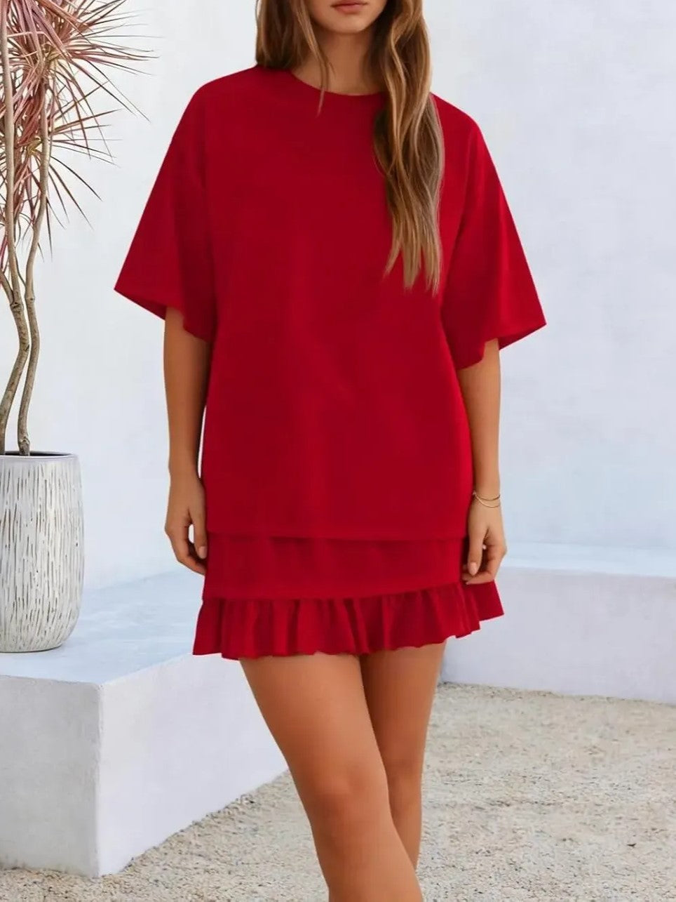 Summer Relaxed Fit Ruffle Hem Short Two Piece Outfit Set