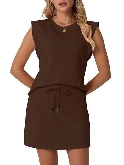 ⏰Hot Sale-Women's Summer 2 Piece Skort Set Cap Sleeve Round Neck Top