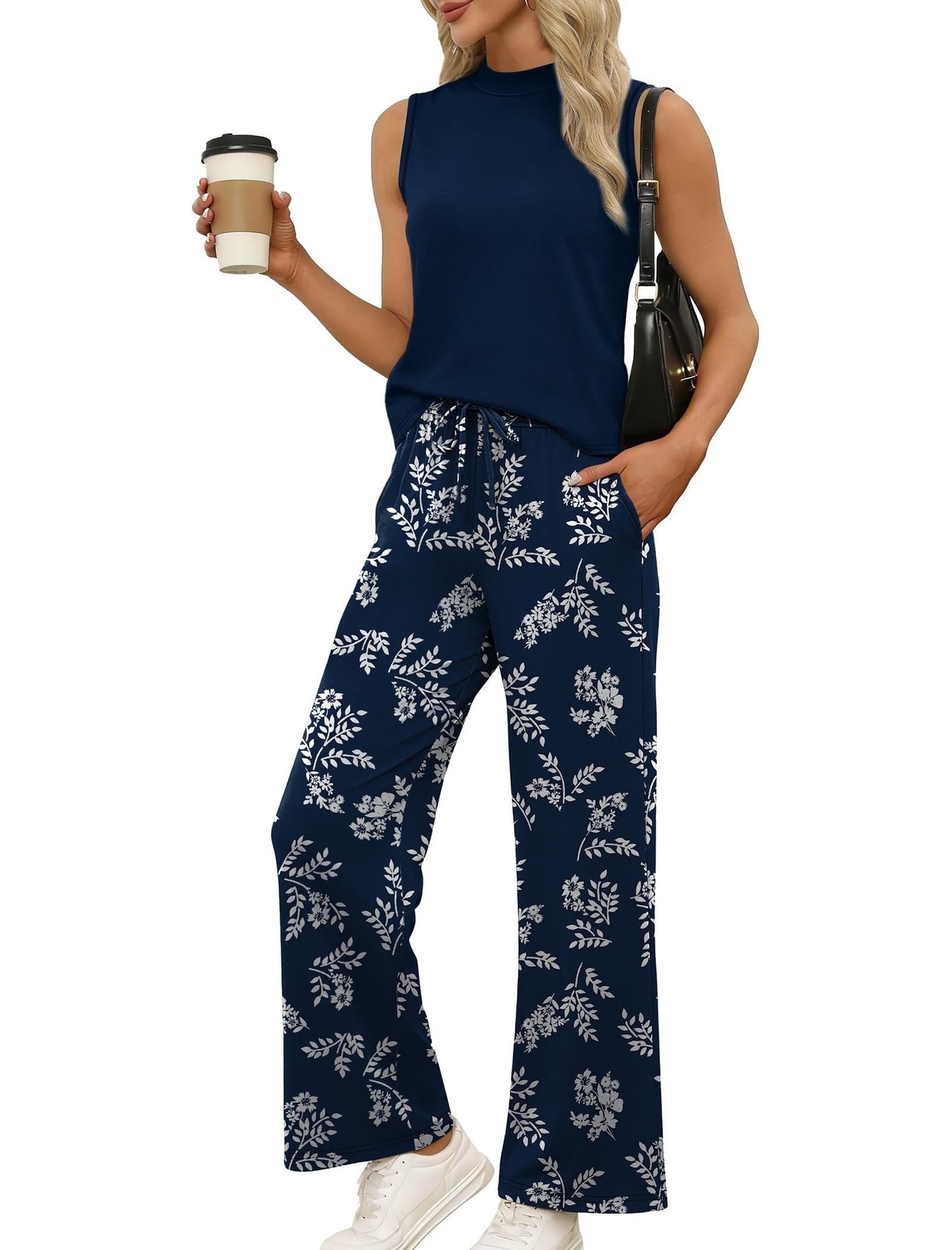 Limited time sale🔥Women's Mock Neck Tank & Printed Wide Leg Pants Set