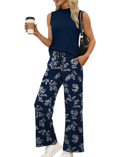 Limited time sale🔥Women's Mock Neck Tank & Printed Wide Leg Pants Set