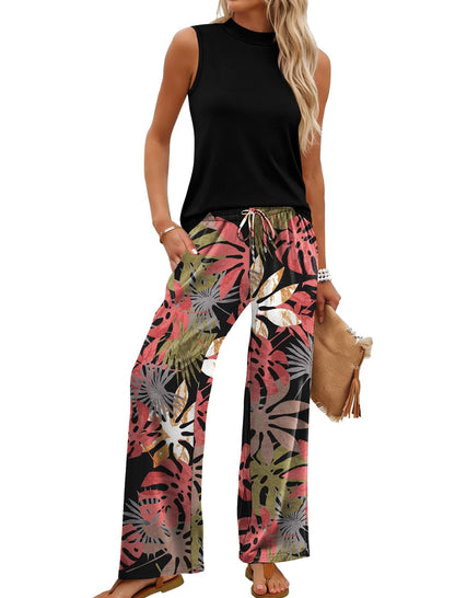 Limited time sale🔥Women's Mock Neck Tank & Printed Wide Leg Pants Set