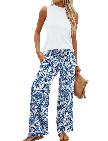 Limited time sale🔥Women's Mock Neck Tank & Printed Wide Leg Pants Set