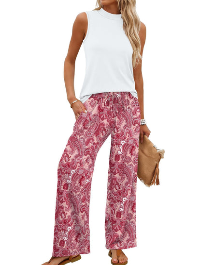 Limited time sale🔥Women's Mock Neck Tank & Printed Wide Leg Pants Set