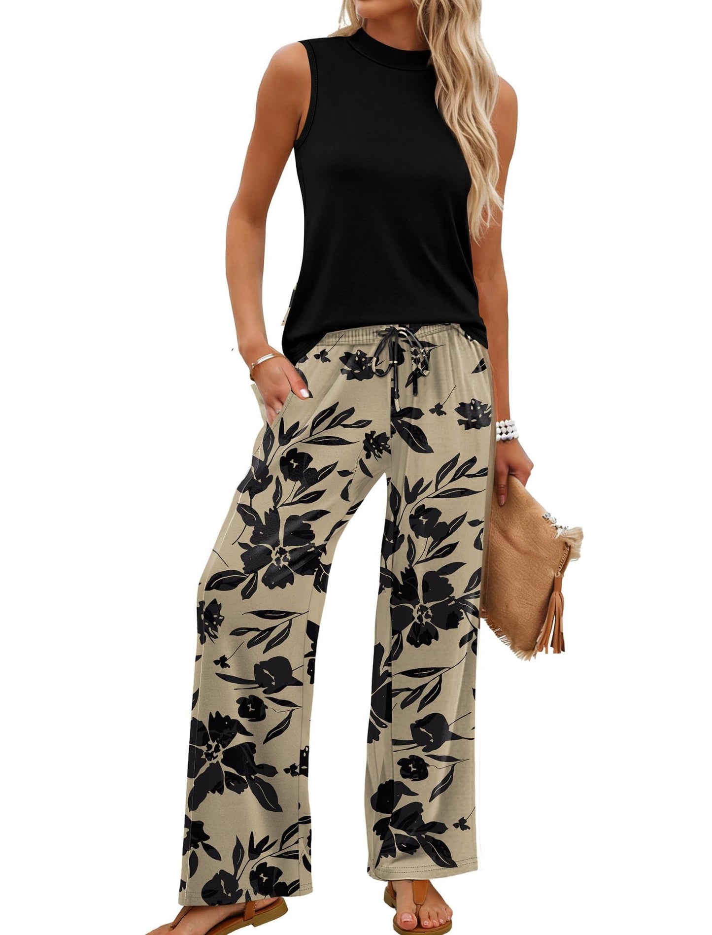 Limited time sale🔥Women's Mock Neck Tank & Printed Wide Leg Pants Set