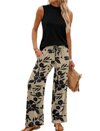 Limited time sale🔥Women's Mock Neck Tank & Printed Wide Leg Pants Set